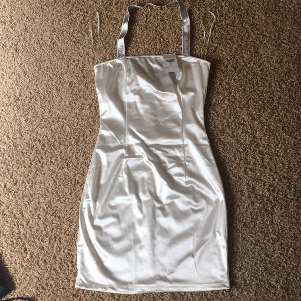 White satin silver strap detailed dress